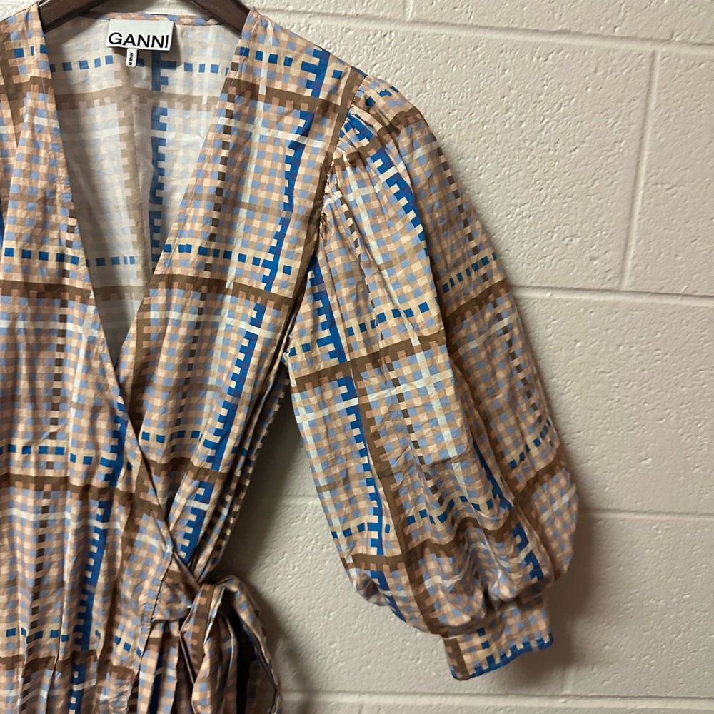 GANNI Checked Cotton-poplin Wrap Midi Dress Size 38 Medium 6 - Picture 5 of 13